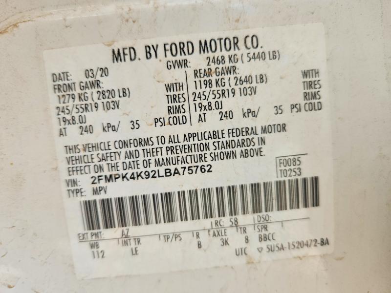2020 Ford Edge მანქანა იყიდება აუქციონზე, vin: 2FMPK4K92LBA75762, აუქციონის ნომერი: 55693016