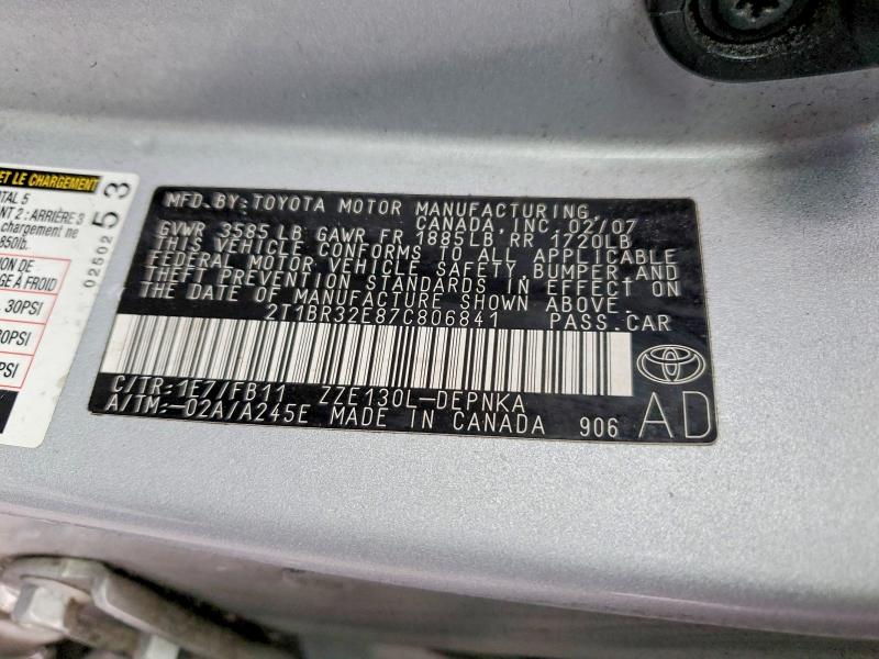 58081366 :رقم المزاد ، 2T1BR32E87C806841 vin ، 2007 Toyota Corolla مزاد بيع