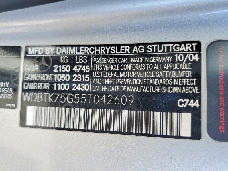 Auction sale of the 2005 Mercedes-benz Clk, vin: WDBTK75G55T042609, lot number: 56184466