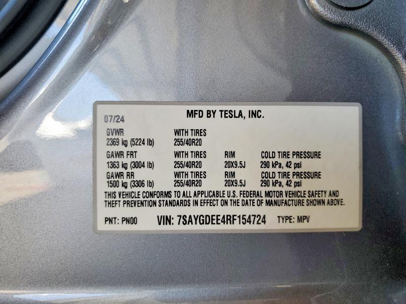 Aukcja sprzedaży 2024 Tesla Model Y, vin: 7SAYGDEE4RF154724, numer aukcji: 58600976