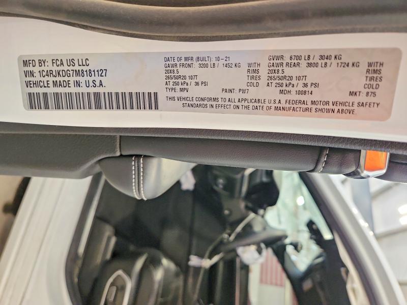 2021 Jeep Grand Cherokee მანქანა იყიდება აუქციონზე, vin: 1C4RJKDG7M8181127, აუქციონის ნომერი: 59013366