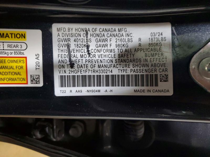 Продаж на аукціоні авто 2024 Honda Civic, vin: 2HGFE1F71RH330214, номер лоту: 56936746
