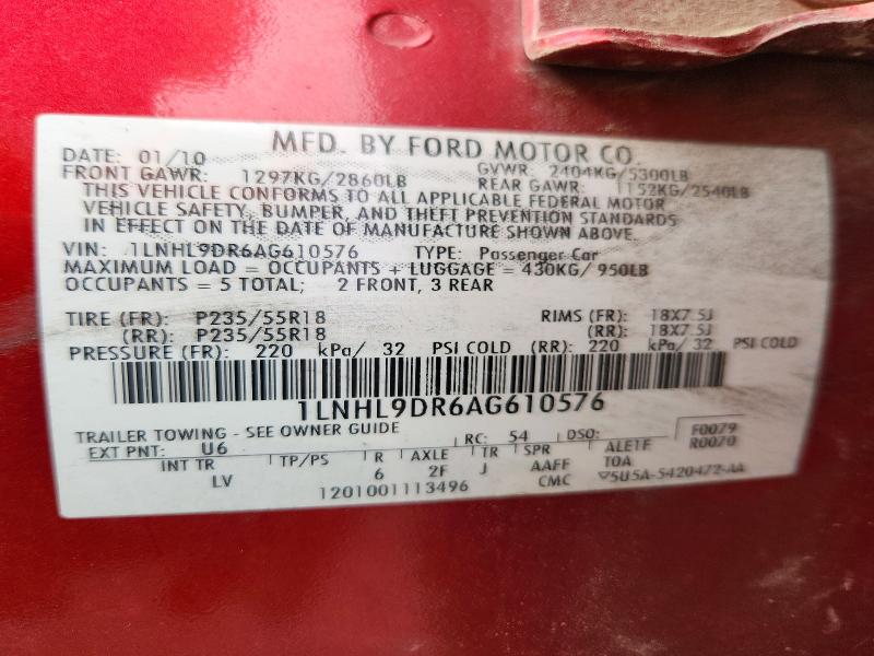 56246356 :رقم المزاد ، 1LNHL9DR6AG610576 vin ، 2010 Lincoln Mks مزاد بيع