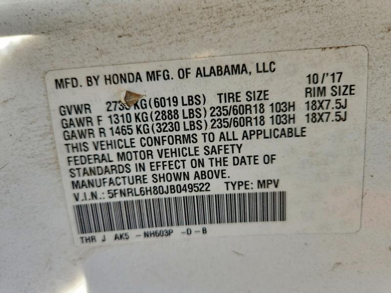 Auction sale of the 2018 Honda Odyssey, vin: 5FNRL6H80JB049522, lot number: 58335746