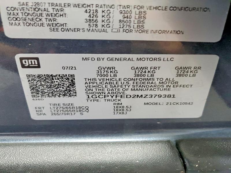 2021 Chevrolet Silverado მანქანა იყიდება აუქციონზე, vin: 1GCPYFED2MZ379381, აუქციონის ნომერი: 56857996