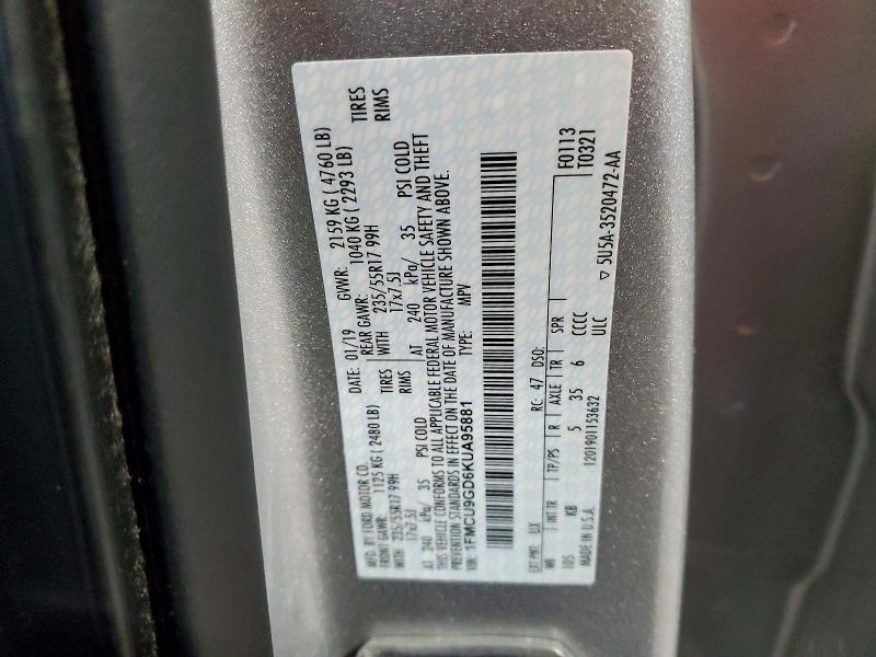 2019 Ford Escape მანქანა იყიდება აუქციონზე, vin: 1FMCU9GD6KUA95881, აუქციონის ნომერი: 57712686