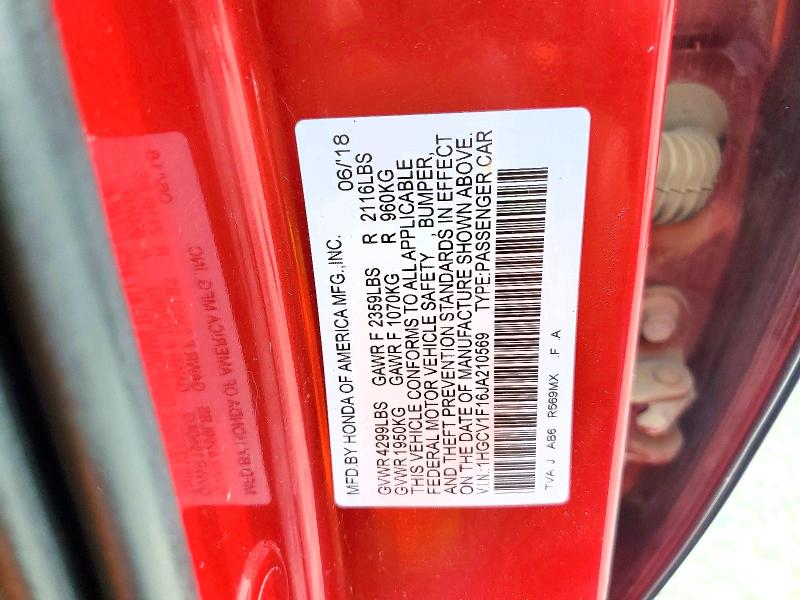 Aukcja sprzedaży 2018 Honda Accord, vin: 1HGCV1F16JA210569, numer aukcji: 55605096
