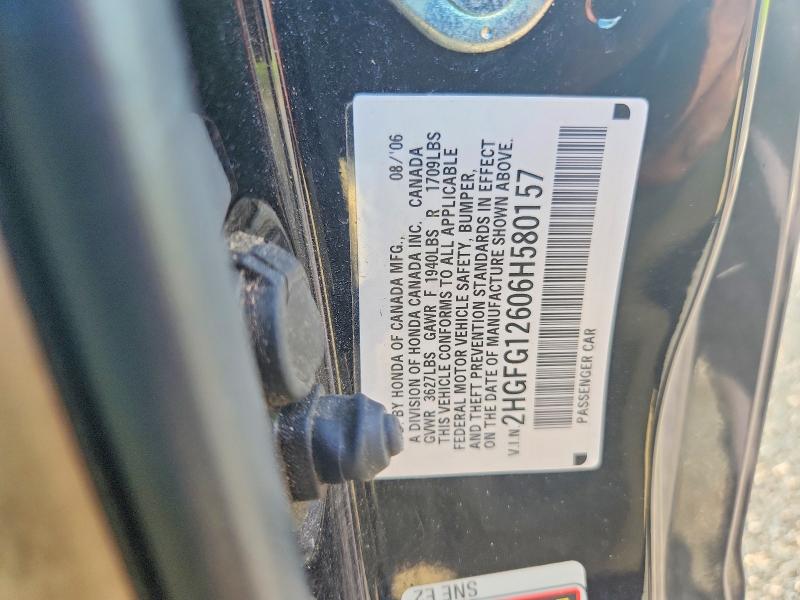 2006 Honda Civic მანქანა იყიდება აუქციონზე, vin: 2HGFG12606H580157, აუქციონის ნომერი: 59539966