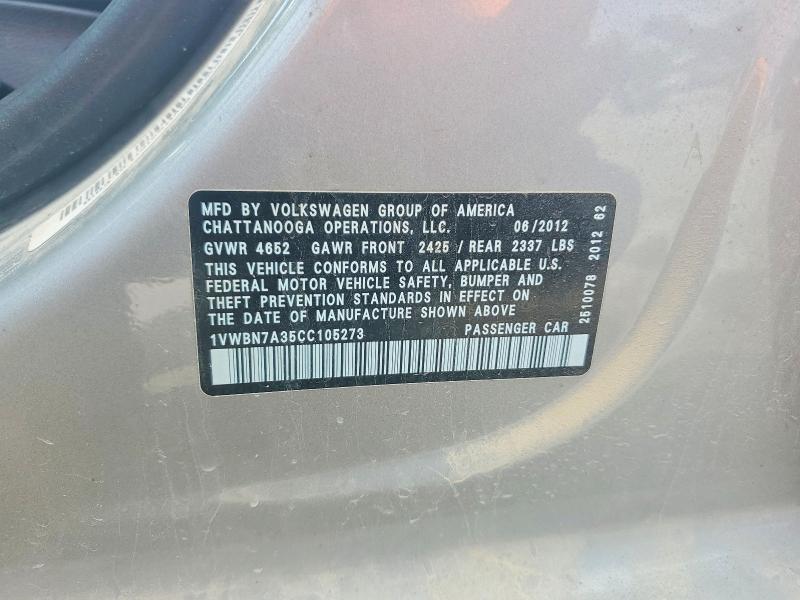 2012 Volkswagen Passat მანქანა იყიდება აუქციონზე, vin: 1VWBN7A35CC105273, აუქციონის ნომერი: 57049766