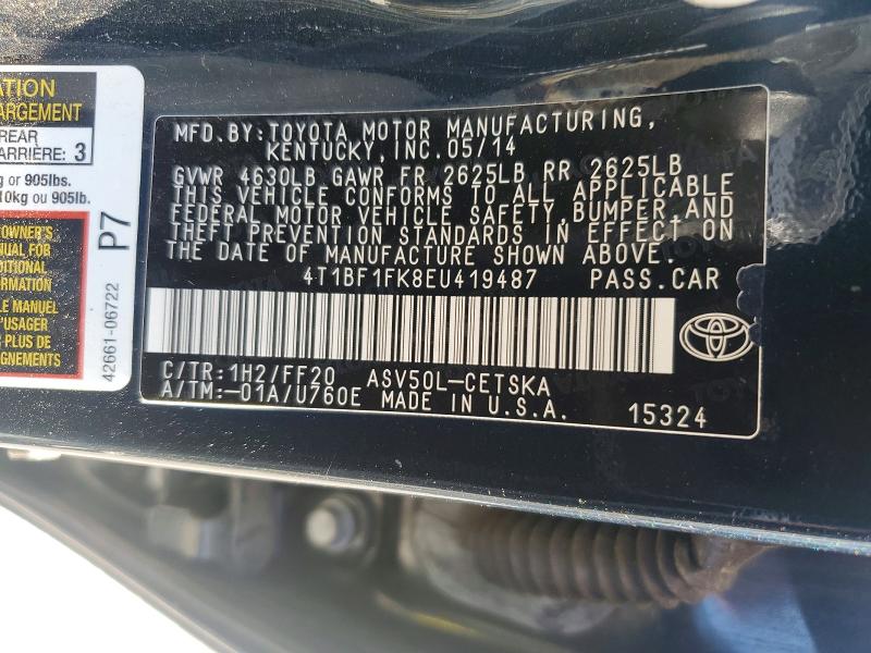 2014 Toyota Camry მანქანა იყიდება აუქციონზე, vin: 4T1BF1FK8EU419487, აუქციონის ნომერი: 58280076