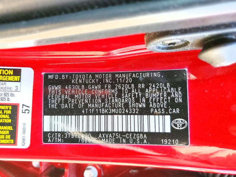 Продаж на аукціоні авто 2021 Toyota Camry, vin: 4T1F11BK3MU024332, номер лоту: 58715996
