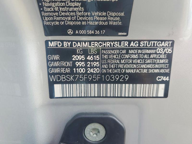 Aukcja sprzedaży 2005 Mercedes-benz Sl, vin: WDBSK75F95F103929, numer aukcji: 55603586
