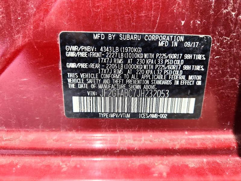 2018 Subaru Crosstrek მანქანა იყიდება აუქციონზე, vin: JF2GTABC7JH232053, აუქციონის ნომერი: 54925726
