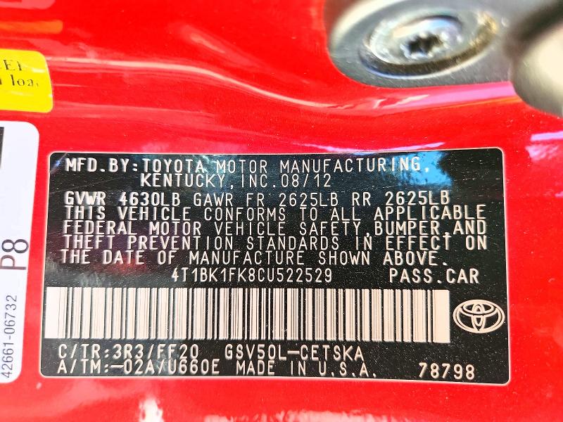 58464726 :رقم المزاد ، 4T1BK1FK8CU522529 vin ، 2012 Toyota Camry مزاد بيع