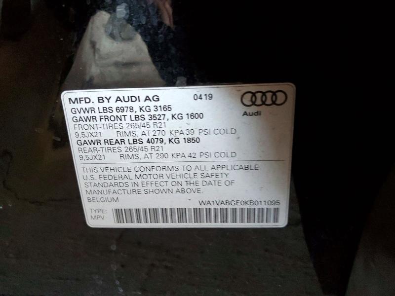 Aukcja sprzedaży 2019 Audi E-tron, vin: WA1VABGE0KB011095, numer aukcji: 57968486