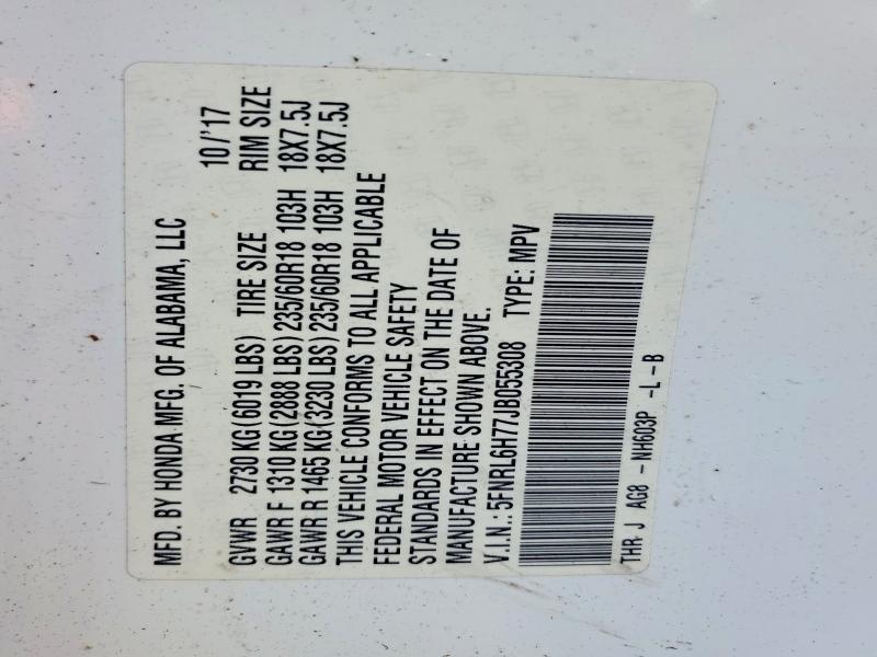 2018 Honda Odyssey მანქანა იყიდება აუქციონზე, vin: 5FNRL6H77JB055308, აუქციონის ნომერი: 56181856