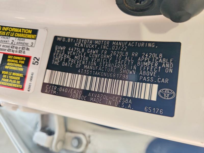 2022 Toyota Camry მანქანა იყიდება აუქციონზე, vin: 4T1S11AK0NU681798, აუქციონის ნომერი: 58027546
