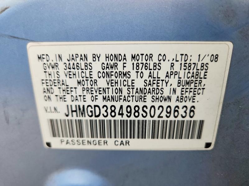 2008 Honda Fit მანქანა იყიდება აუქციონზე, vin: JHMGD38498S029636, აუქციონის ნომერი: 58090216
