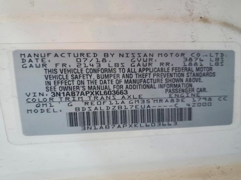 2019 Nissan Sentra მანქანა იყიდება აუქციონზე, vin: 3N1AB7APXKL603663, აუქციონის ნომერი: 56947886
