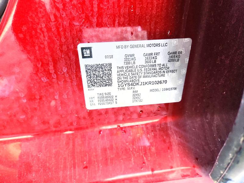 2019 Cadillac Escalade მანქანა იყიდება აუქციონზე, vin: 1GYS4DKJ1KR102670, აუქციონის ნომერი: 59198846