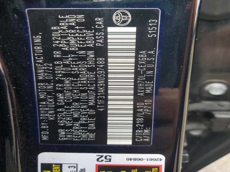 56866076 :رقم المزاد ، 4T1F31AK9NU597488 vin ، 2022 Toyota Camry مزاد بيع