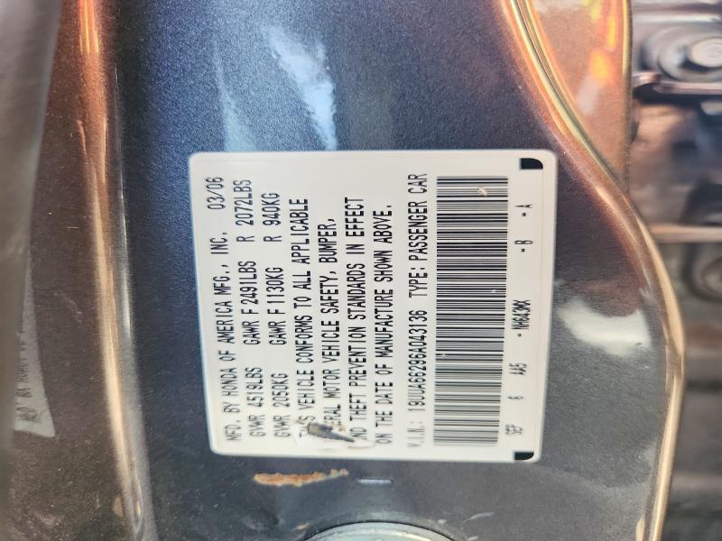 59103966 :رقم المزاد ، 19UUA66296A043136 vin ، 2006 Acura 3.2tl مزاد بيع