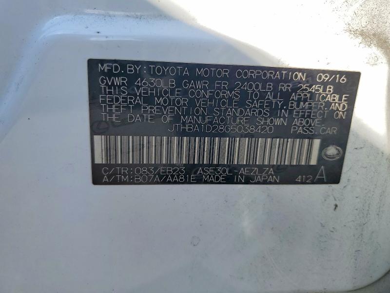 57184136 :رقم المزاد ، JTHBA1D28G5038420 vin ، 2016 Lexus Is مزاد بيع