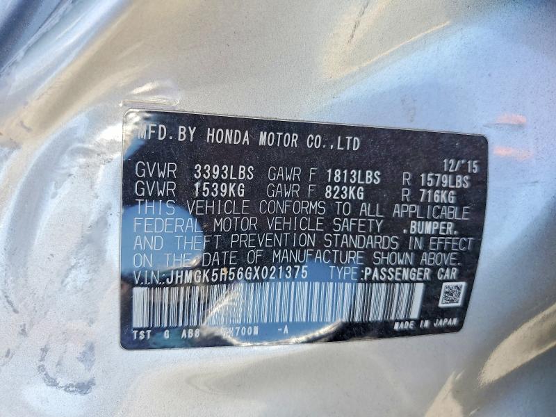 58460656 :رقم المزاد ، JHMGK5H56GX021375 vin ، 2016 Honda Fit مزاد بيع