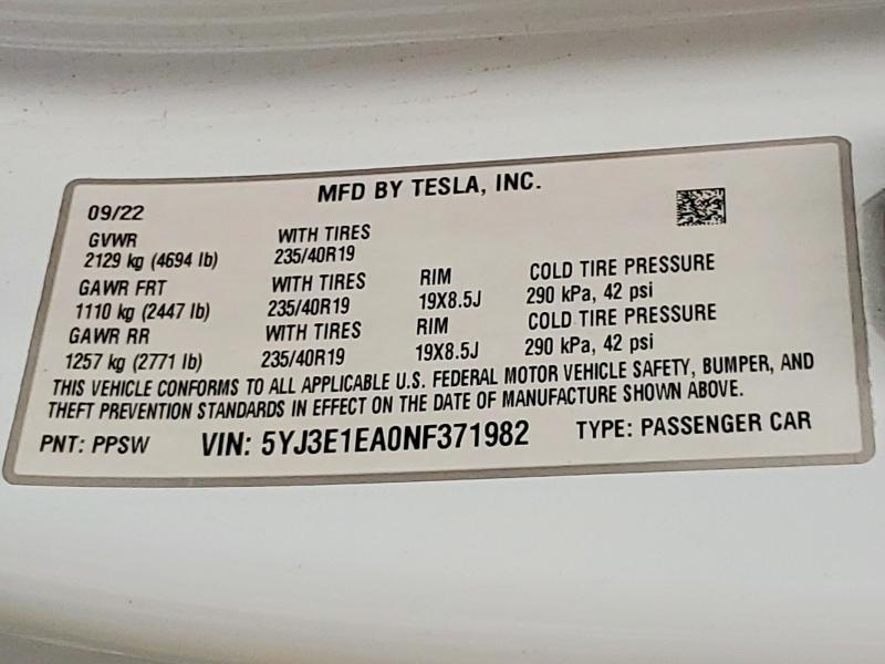 2022 Tesla Model 3 მანქანა იყიდება აუქციონზე, vin: 5YJ3E1EA0NF371982, აუქციონის ნომერი: 56357656