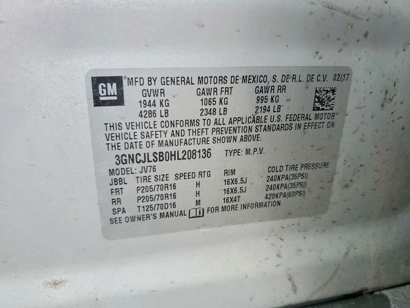 57014316 :رقم المزاد ، 3GNCJLSB0HL208136 vin ، 2017 Chevrolet Trax مزاد بيع