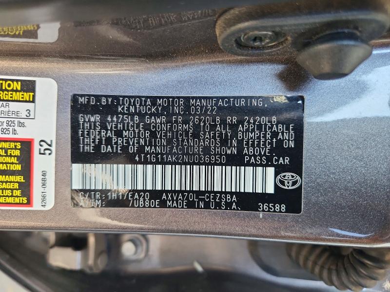2022 Toyota Camry მანქანა იყიდება აუქციონზე, vin: 4T1G11AK2NU036950, აუქციონის ნომერი: 58589126