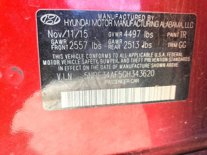 55910896 :رقم المزاد ، 5NPE34AF5GH343620 vin ، 2016 Hyundai Sonata مزاد بيع