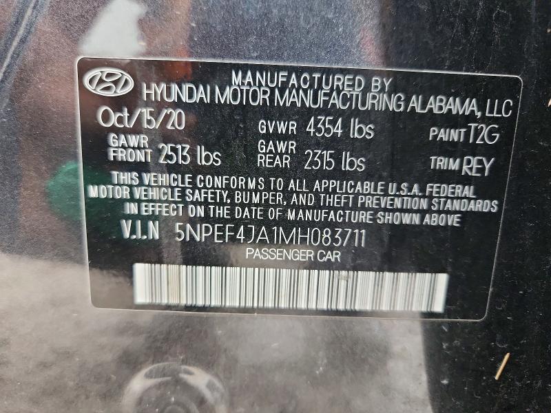 2021 Hyundai Sonata მანქანა იყიდება აუქციონზე, vin: 5NPEF4JA1MH083711, აუქციონის ნომერი: 57561976