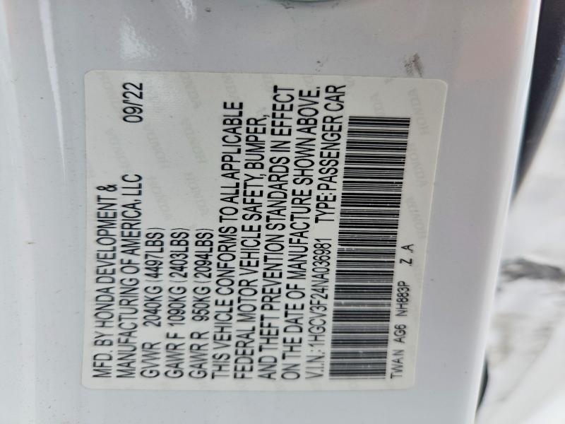 Продажа на аукционе авто 2022 Honda Accord, vin: 1HGCV3F24NA036981, номер лота: 57320786