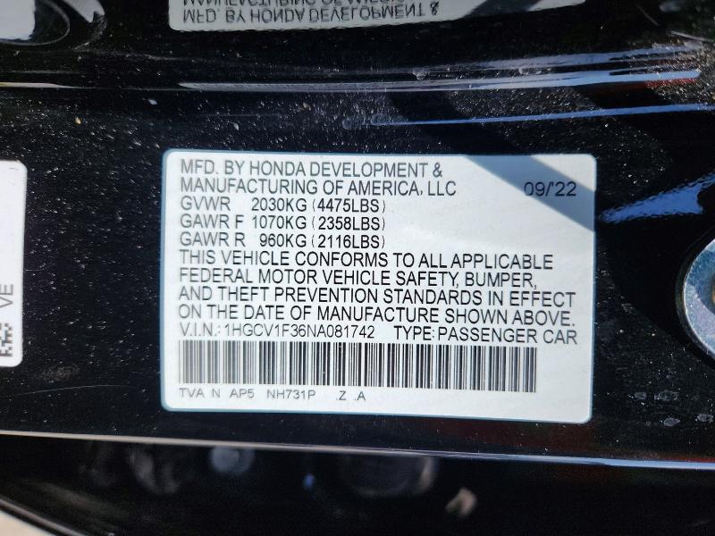 Aukcja sprzedaży 2022 Honda Accord, vin: 1HGCV1F36NA081742, numer aukcji: 56167776