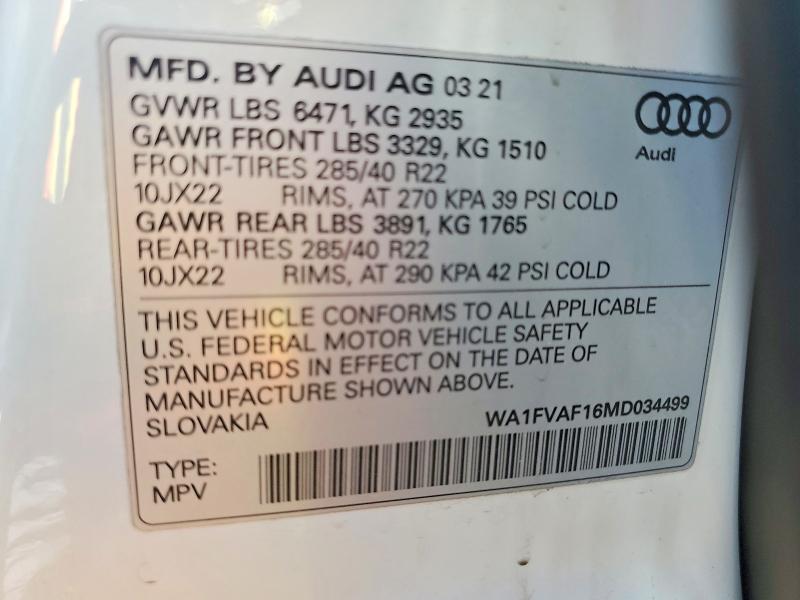Продажа на аукционе авто 2021 Audi Q8, vin: WA1FVAF16MD034499, номер лота: 57085716