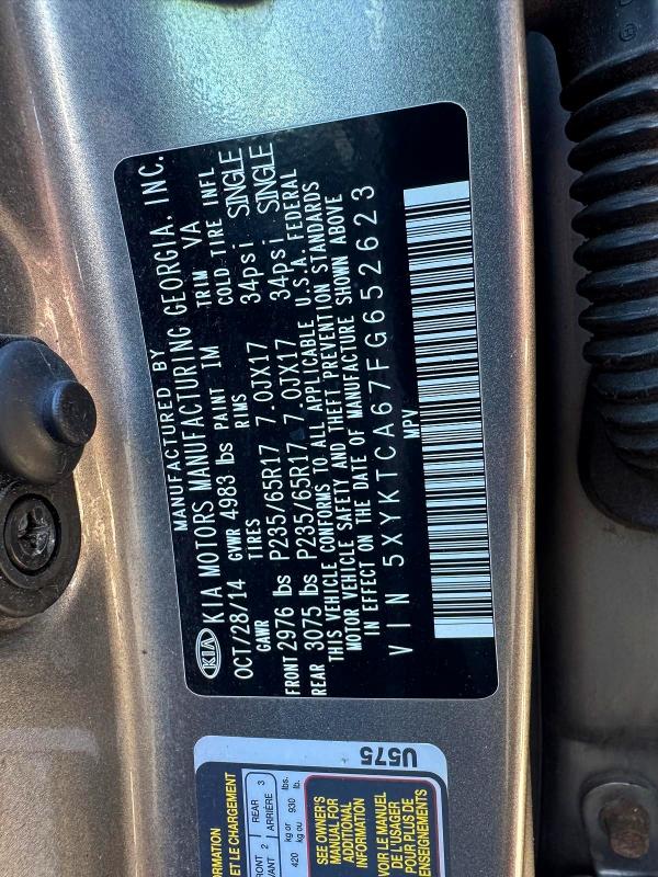 Aukcja sprzedaży 2015 Kia Sorento, vin: 5XYKTCA67FG652623, numer aukcji: 56414976