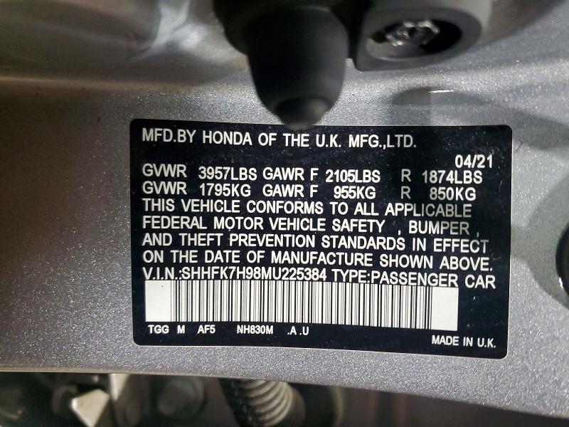 Aukcja sprzedaży 2021 Honda Civic, vin: SHHFK7H98MU225384, numer aukcji: 58021356