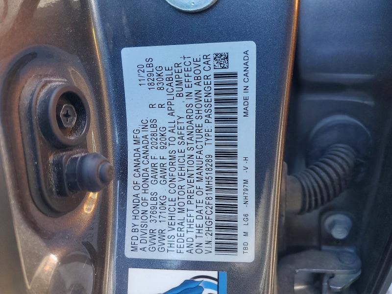 58718906 :رقم المزاد ، 2HGFC2F81MH518289 vin ، 2021 Honda Civic مزاد بيع
