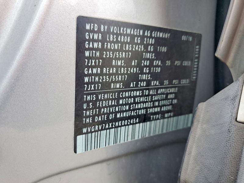 Aukcja sprzedaży 2017 Volkswagen Tiguan, vin: WVGRV7AX2HK002454, numer aukcji: 59105996