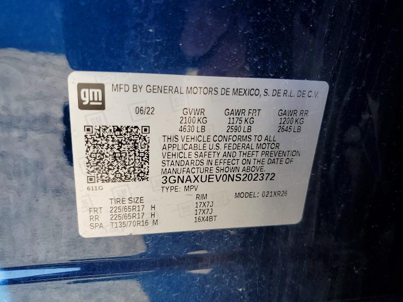 55051076 :رقم المزاد ، 3GNAXUEV0NS202372 vin ، 2022 Chevrolet Equinox مزاد بيع