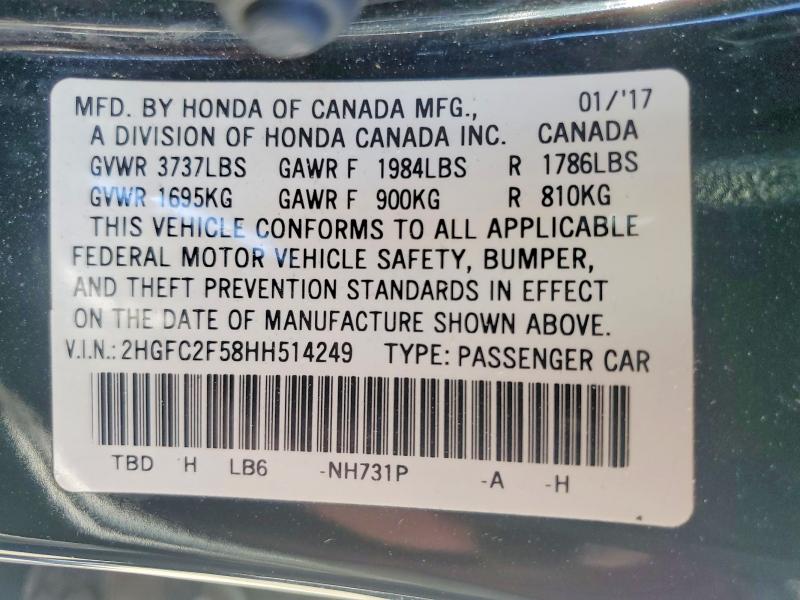 56487626 :رقم المزاد ، 2HGFC2F58HH514249 vin ، 2017 Honda Civic مزاد بيع