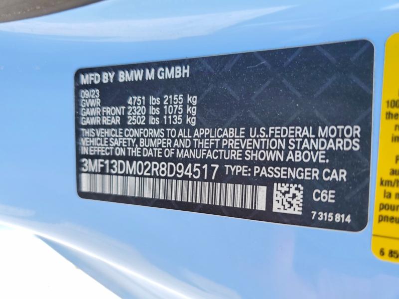 2024 Bmw M2 მანქანა იყიდება აუქციონზე, vin: 3MF13DM02R8D94517, აუქციონის ნომერი: 59087246