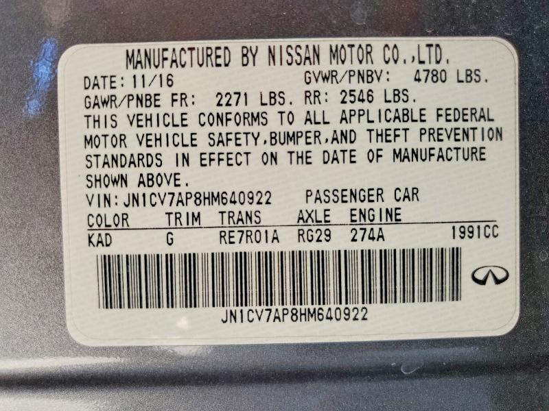 Aukcja sprzedaży 2017 Infiniti Q50, vin: JN1CV7AP8HM640922, numer aukcji: 57341936