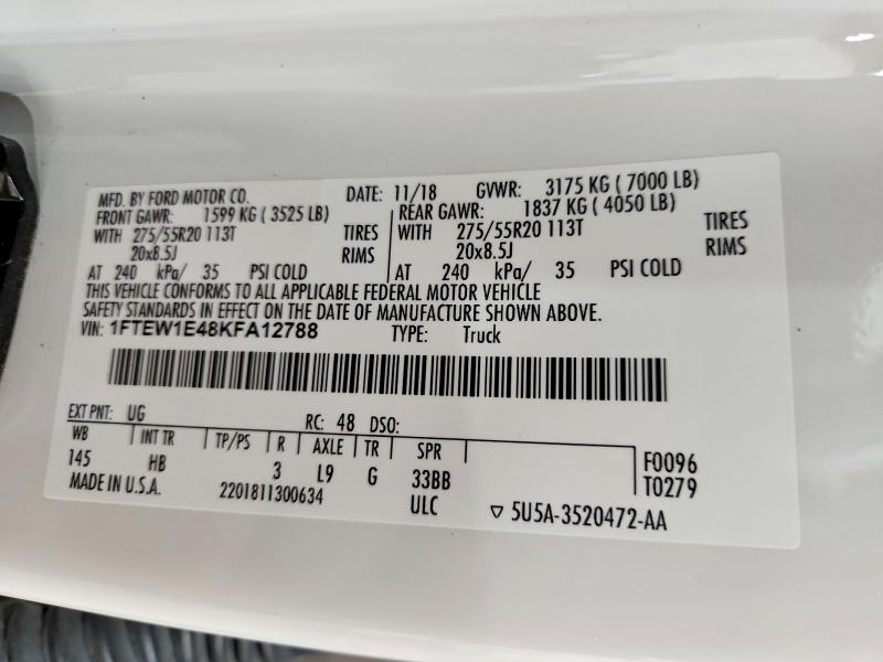 55640906 :رقم المزاد ، 1FTEW1E48KFA12788 vin ، 2019 Ford F150 مزاد بيع