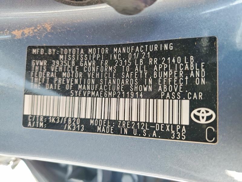 Aukcja sprzedaży 2021 Toyota Corolla, vin: 5YFVPMAE6MP211914, numer aukcji: 56038416