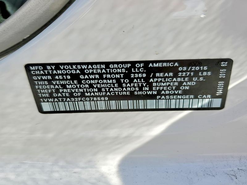 Продажа на аукционе авто 2015 Volkswagen Passat, vin: 1VWAT7A32FC078569, номер лота: 57273186