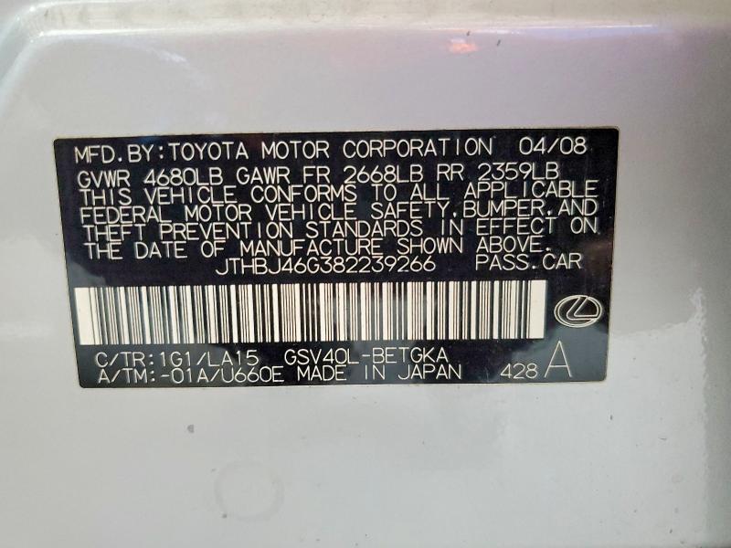 Aukcja sprzedaży 2008 Lexus Es, vin: JTHBJ46G382239266, numer aukcji: 54635916
