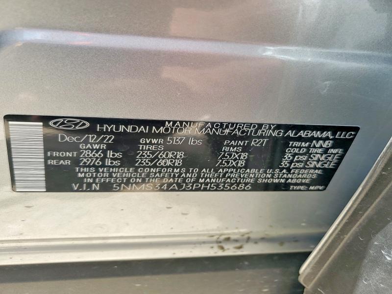 2023 Hyundai Santa Fe მანქანა იყიდება აუქციონზე, vin: 5NMS34AJ3PH535686, აუქციონის ნომერი: 57412656