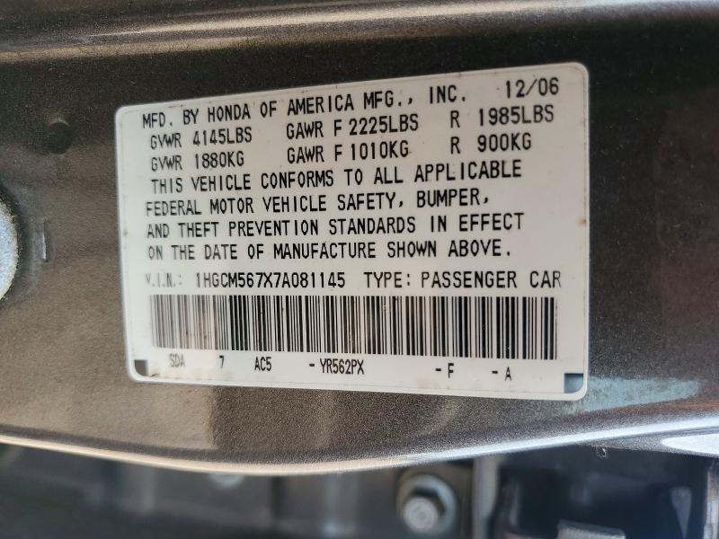 Auction sale of the 2007 Honda Accord, vin: 1HGCM567X7A081145, lot number: 56499306